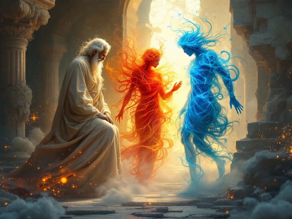 Ethereal beings Ethos, Pathos, and Logos meet, embodying trust, emotion, and logic amid a surreal, harmonious digital landscape.